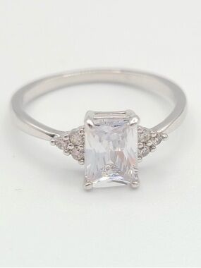 Silver Tone CZ Engagement Style Ring Princess & Star Accent Size 7